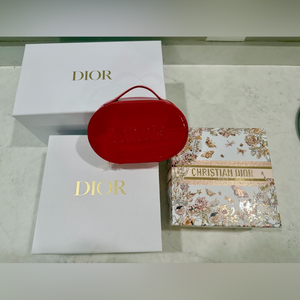 SOLD*** CHRISTIAN DIOR RED PATENT MAKEUP BAG AND GIFT BOXES BUNDLE DIOR RIBBON